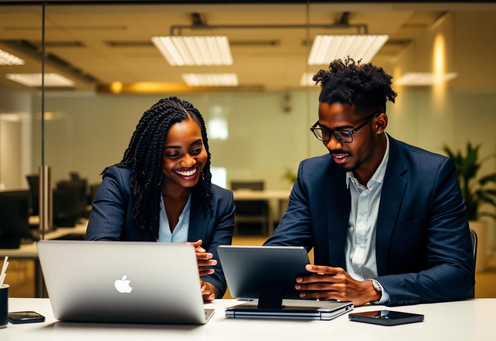 Jeunes professionnels africains collaborant avec la technologie